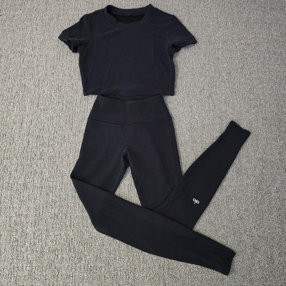 Alo Yoga XXS Micro Waffle Sierra Crop Top High Waist Leggings Set Dark Gray